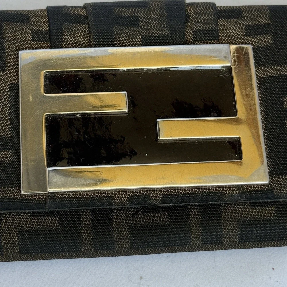 Fendi Zucca Continental Long Wallet Black Brown Canvas Gold‎ Tone Buckle